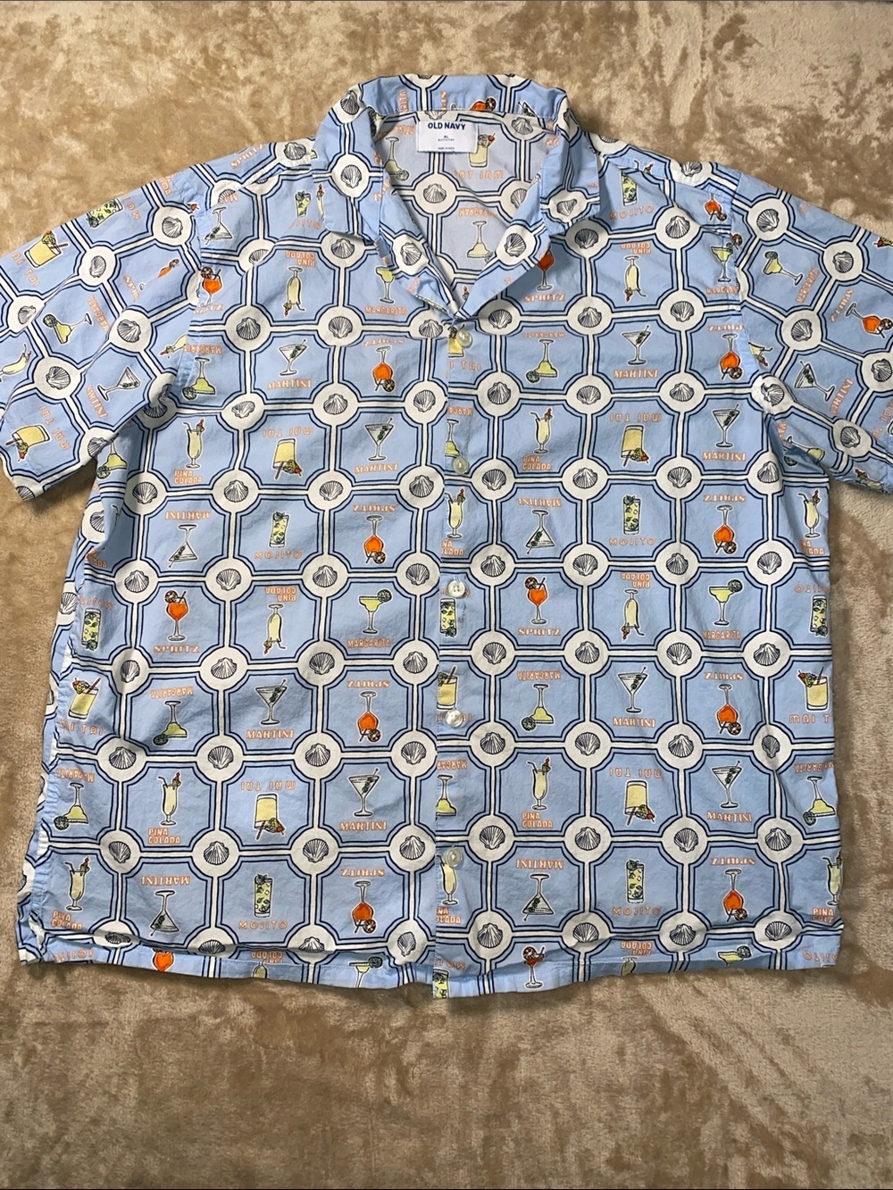 Old Navy Blue Cocktail-Print Short Sleeve Camp Shirt
